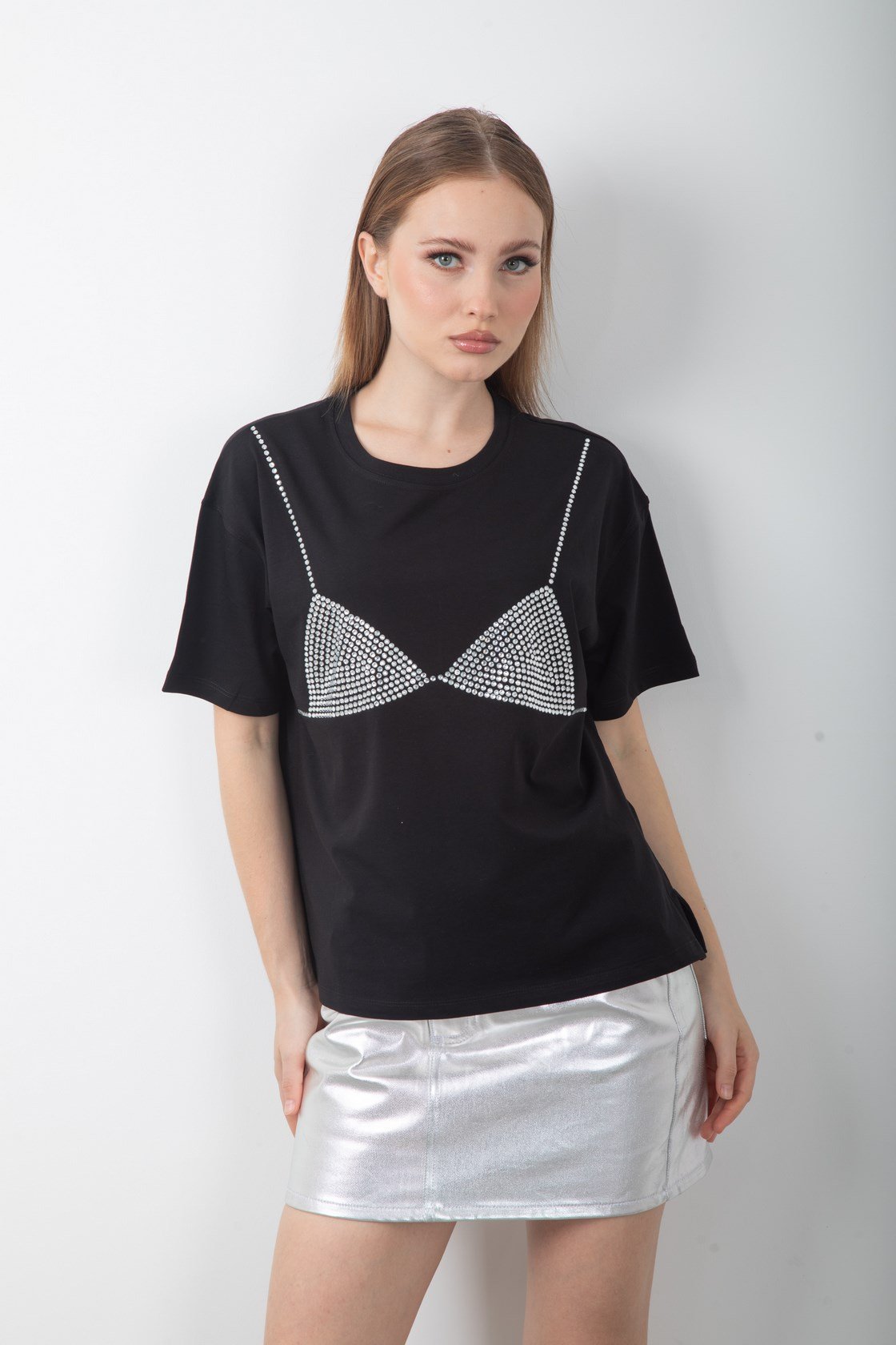 Parlak Taş Detaylı Pul Payet Oversize Tişört
