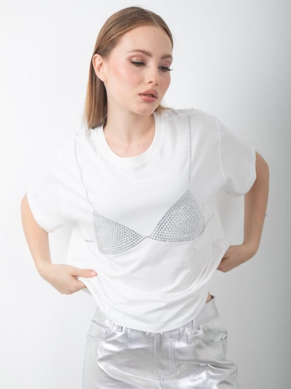 Parlak Taş Detaylı Pul Payet Oversize BeyazTişört