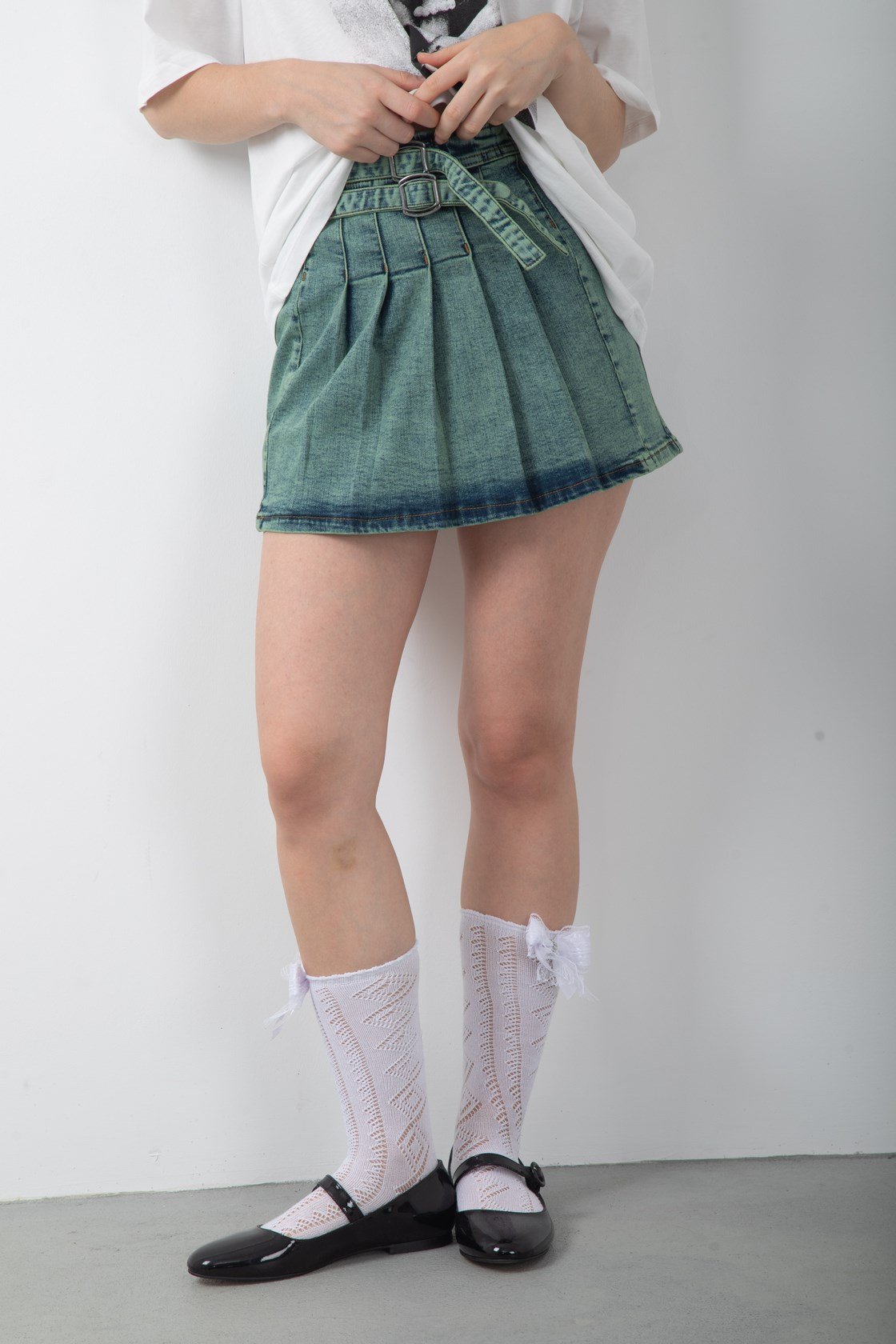 Kemerli Pileli Mini Yeşil Kot Etek