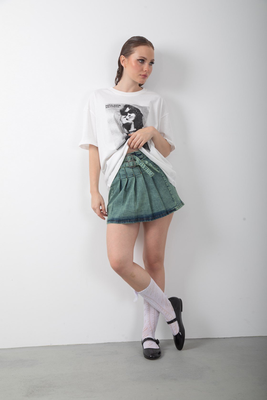 Kemerli Pileli Mini Yeşil Kot Etek