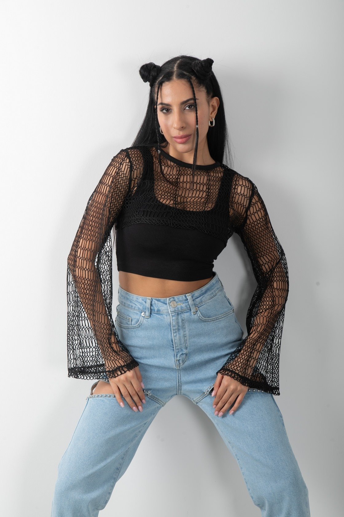 Transparan Uzun Kol Crop Bluz Atlet Takım