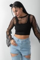 Transparan Uzun Kol Crop Bluz Atlet Takım