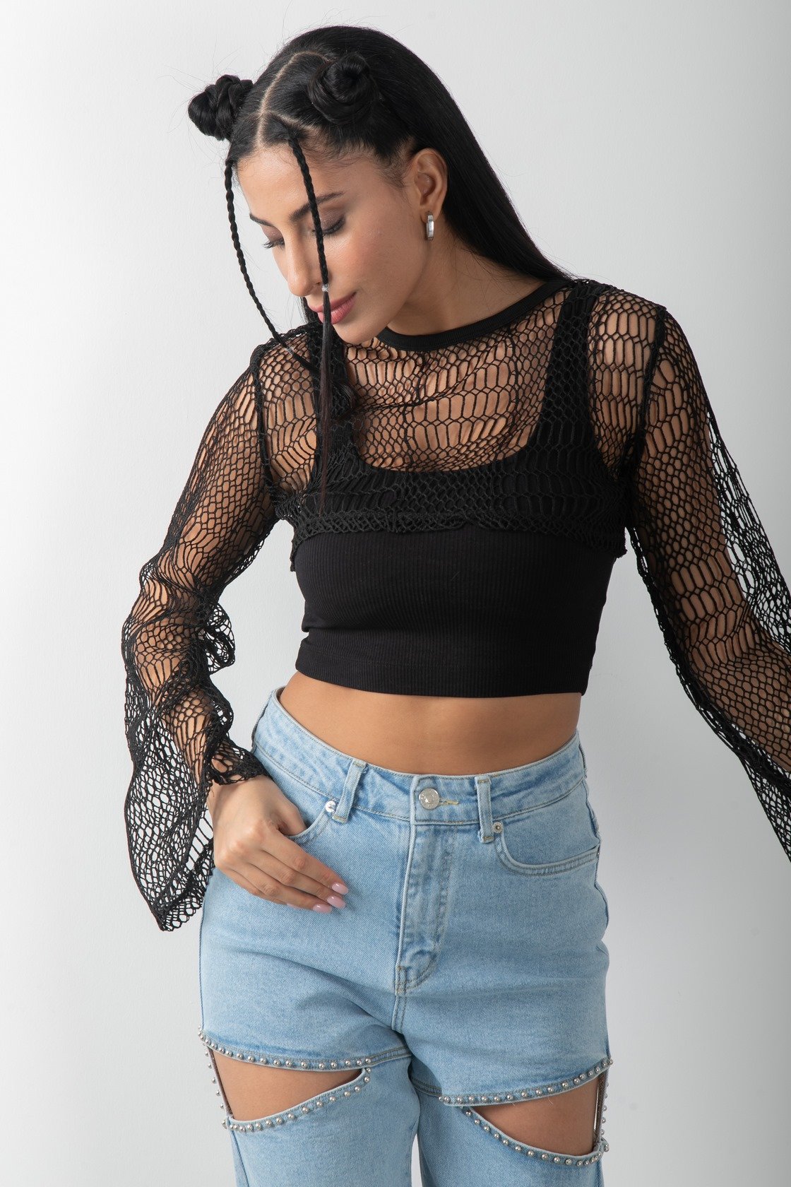 Transparan Uzun Kol Crop Bluz Atlet Takım