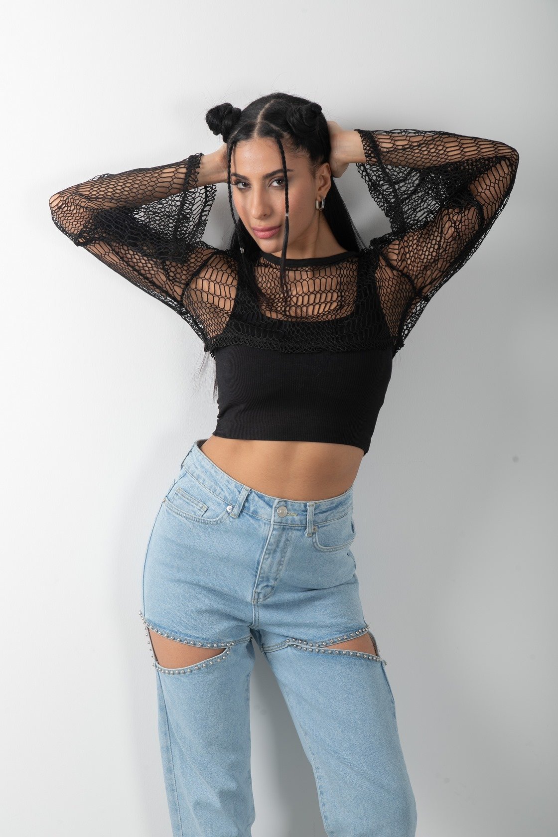 Transparan Uzun Kol Crop Bluz Atlet Takım