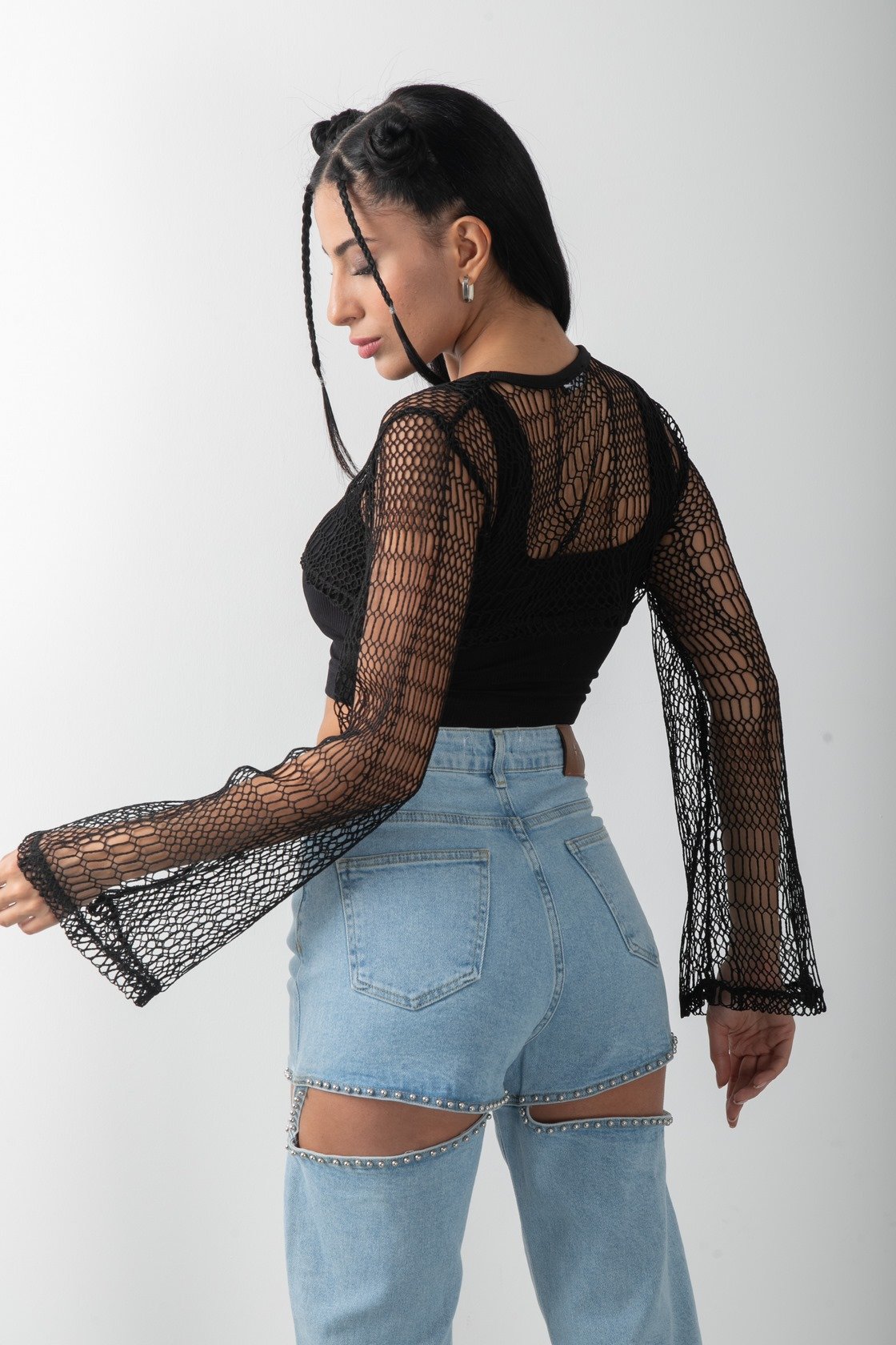 Transparan Uzun Kol Crop Bluz Atlet Takım