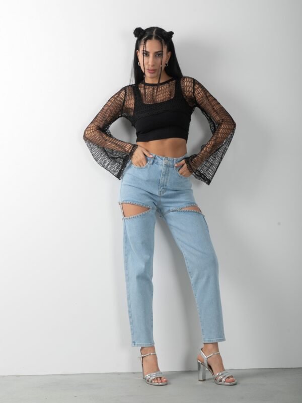 Siyah Transparan Uzun Kol Crop Bluz Atlet Takım