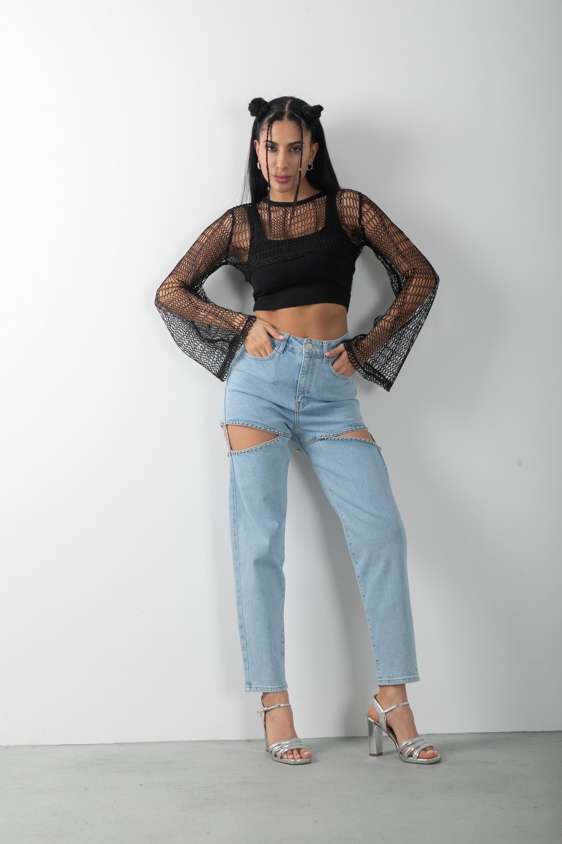 Transparan Uzun Kol Crop Bluz Atlet Takım