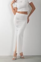 Taş Detaylı Uzun Yırtmaçlı Etek Crop Takım