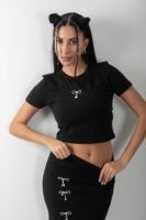 Taş Detaylı Uzun Yırtmaçlı Etek Crop Takım