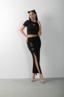 Taş Detaylı Uzun Yırtmaçlı Etek Crop Takım