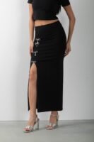 Taş Detaylı Uzun Yırtmaçlı Etek Crop Takım