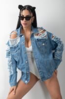 Yırtık Detaylı Oversize Denim Kot Ceket