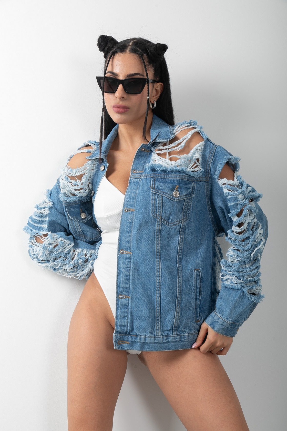 Yırtık Detaylı Oversize Denim Kot Ceket