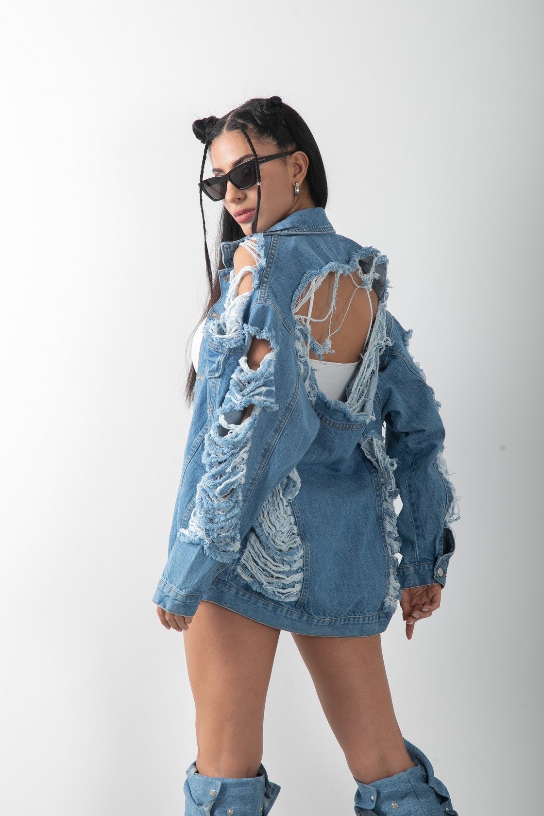 Yırtık Detaylı Oversize Denim Kot Ceket