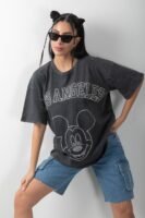 Yıkamalı Oversize Taş Detaylı Antrasit Tişört