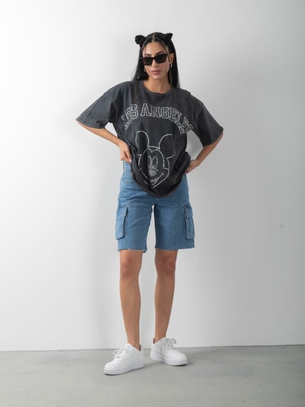 Yıkamalı Oversize Taş Detaylı Antrasit Tişört