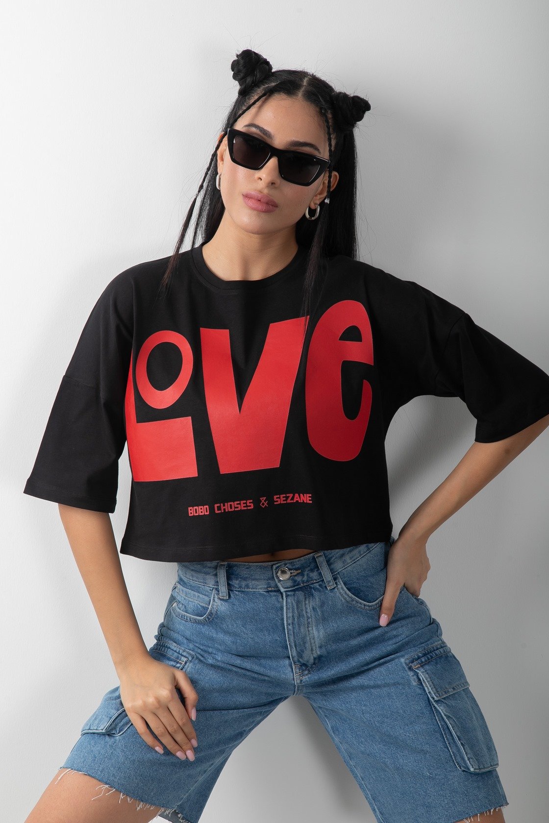 Love Baskılı Oversize Crop Tişört