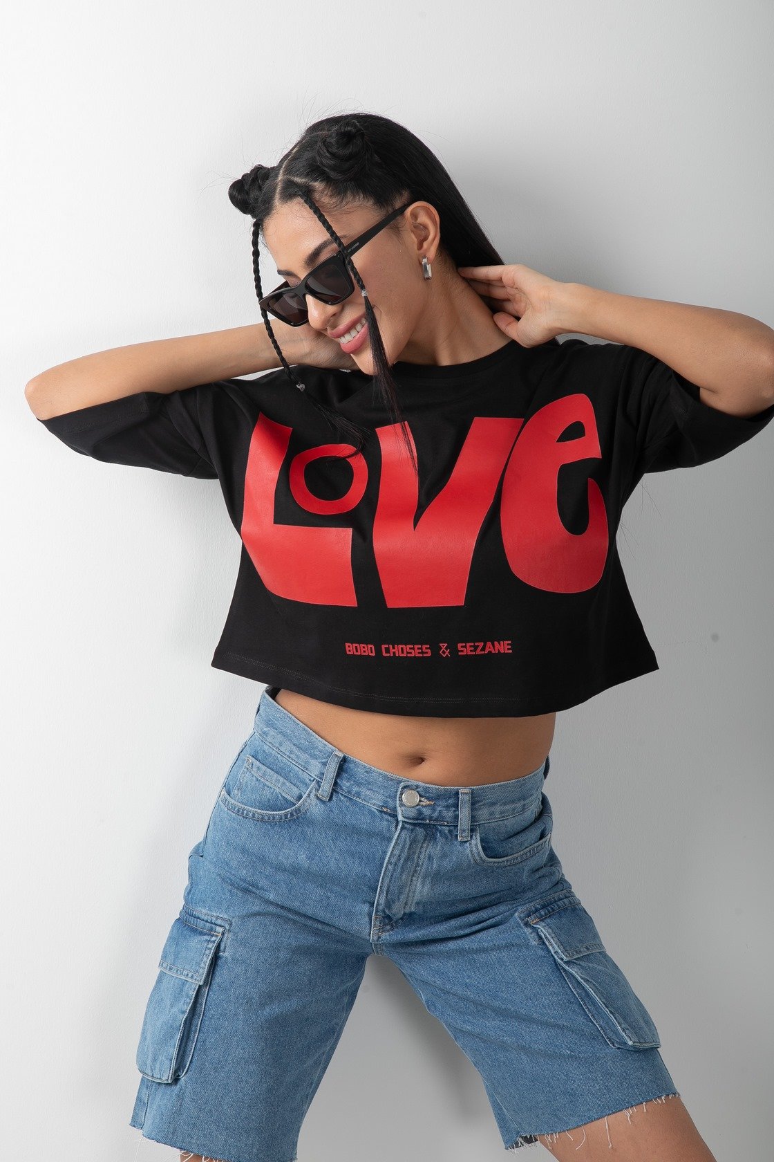 Love Baskılı Oversize Crop Tişört