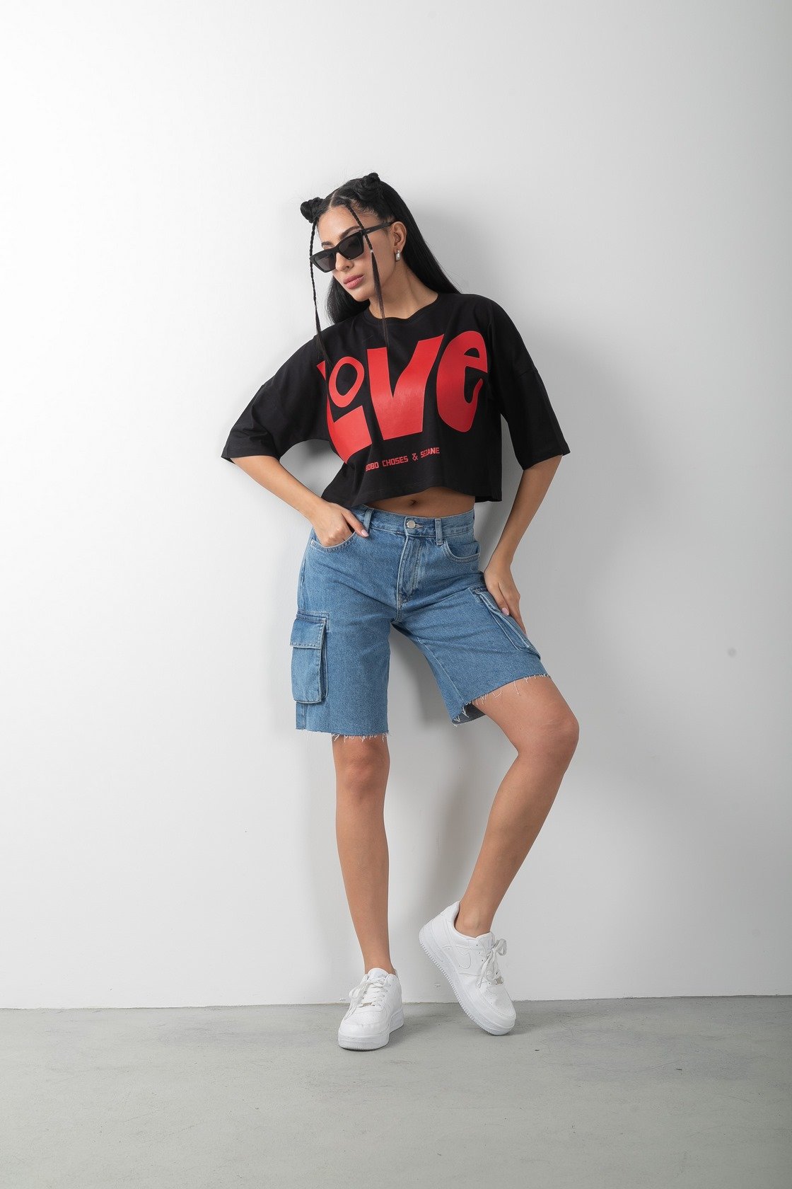 Love Baskılı Oversize Crop Tişört