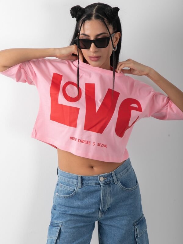 Love Baskılı Oversize Crop Tişört