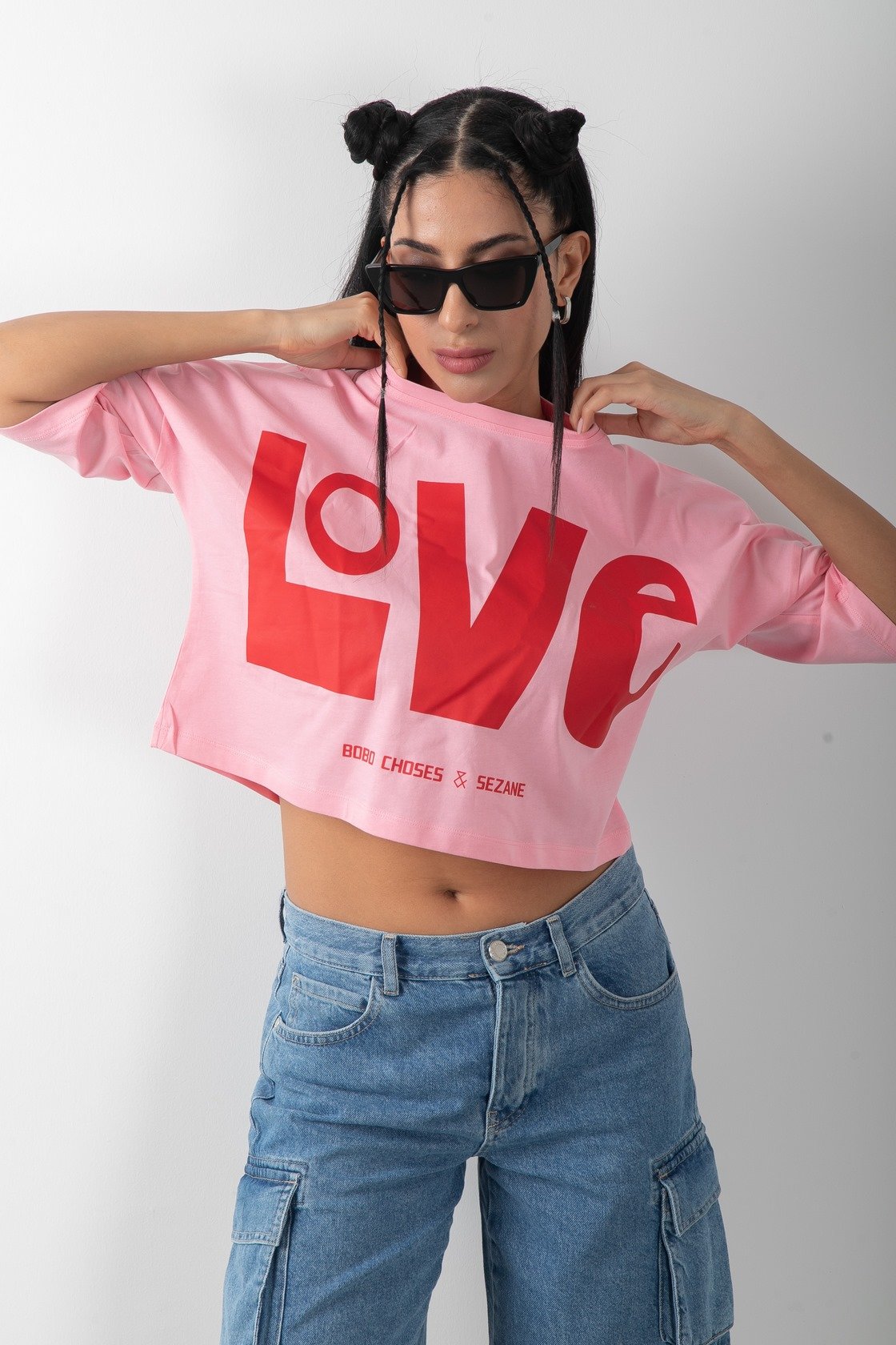 Love Baskılı Oversize Crop Tişört