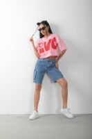 Love Baskılı Oversize Crop Tişört