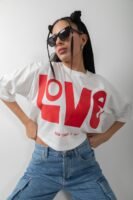 Love Baskılı Oversize Crop Tişört