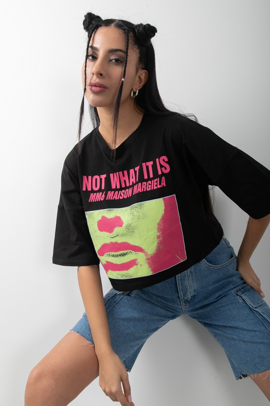 Baskılı Oversize Crop Kısa Kol Tişört