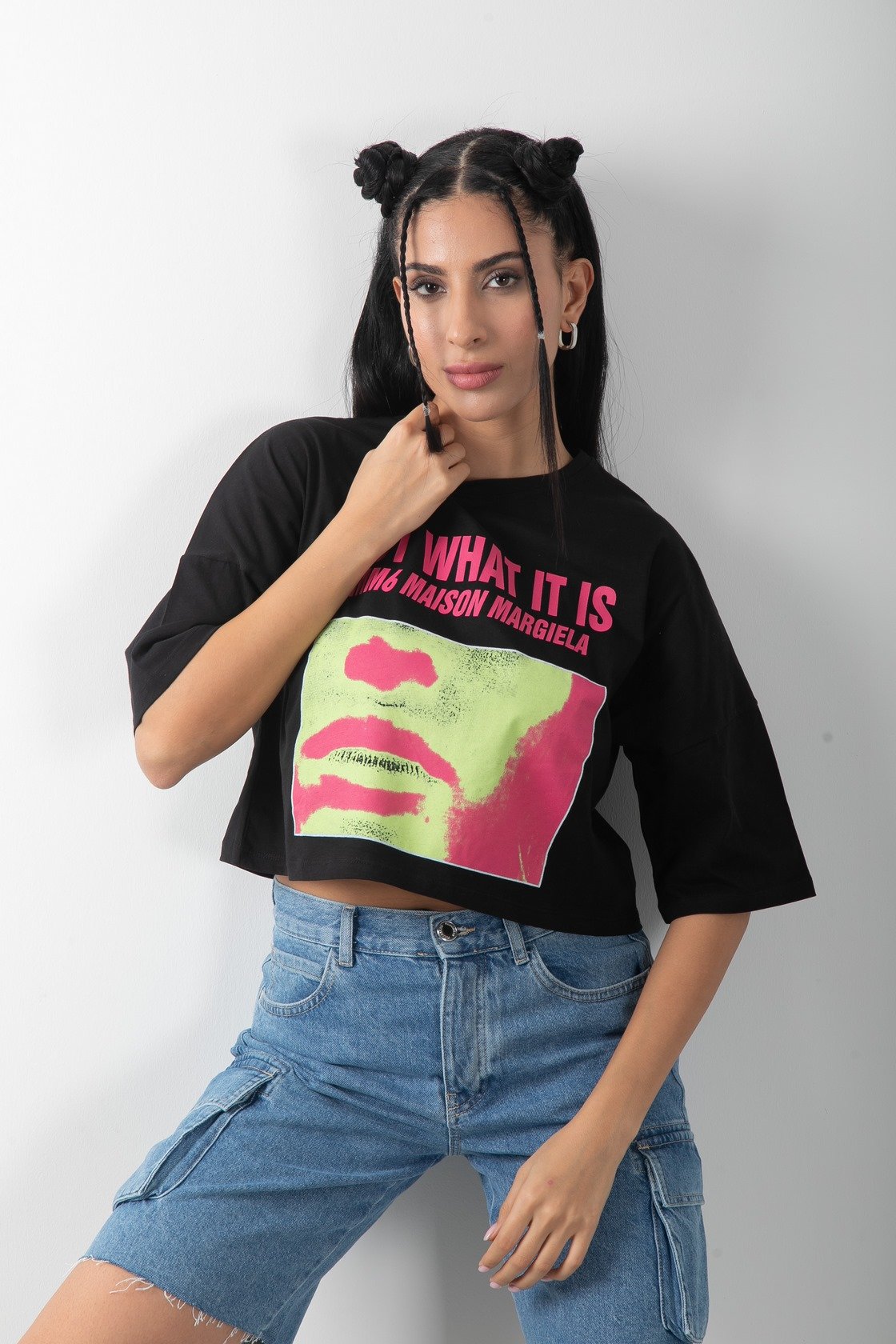 Baskılı Oversize Crop Kısa Kol Tişört