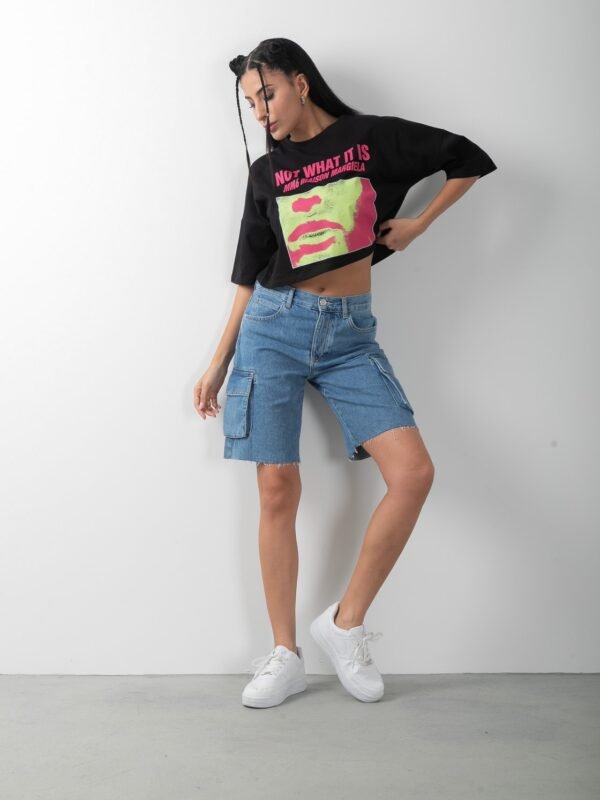 Baskılı Oversize Crop Kısa Kol Tişört