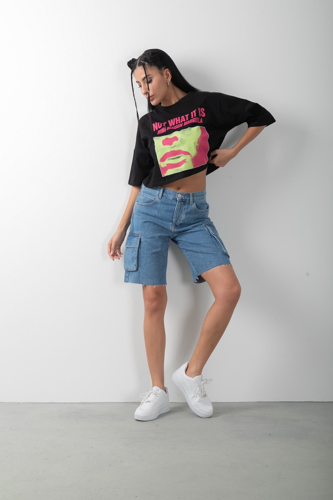 Baskılı Oversize Crop Kısa Kol Tişört