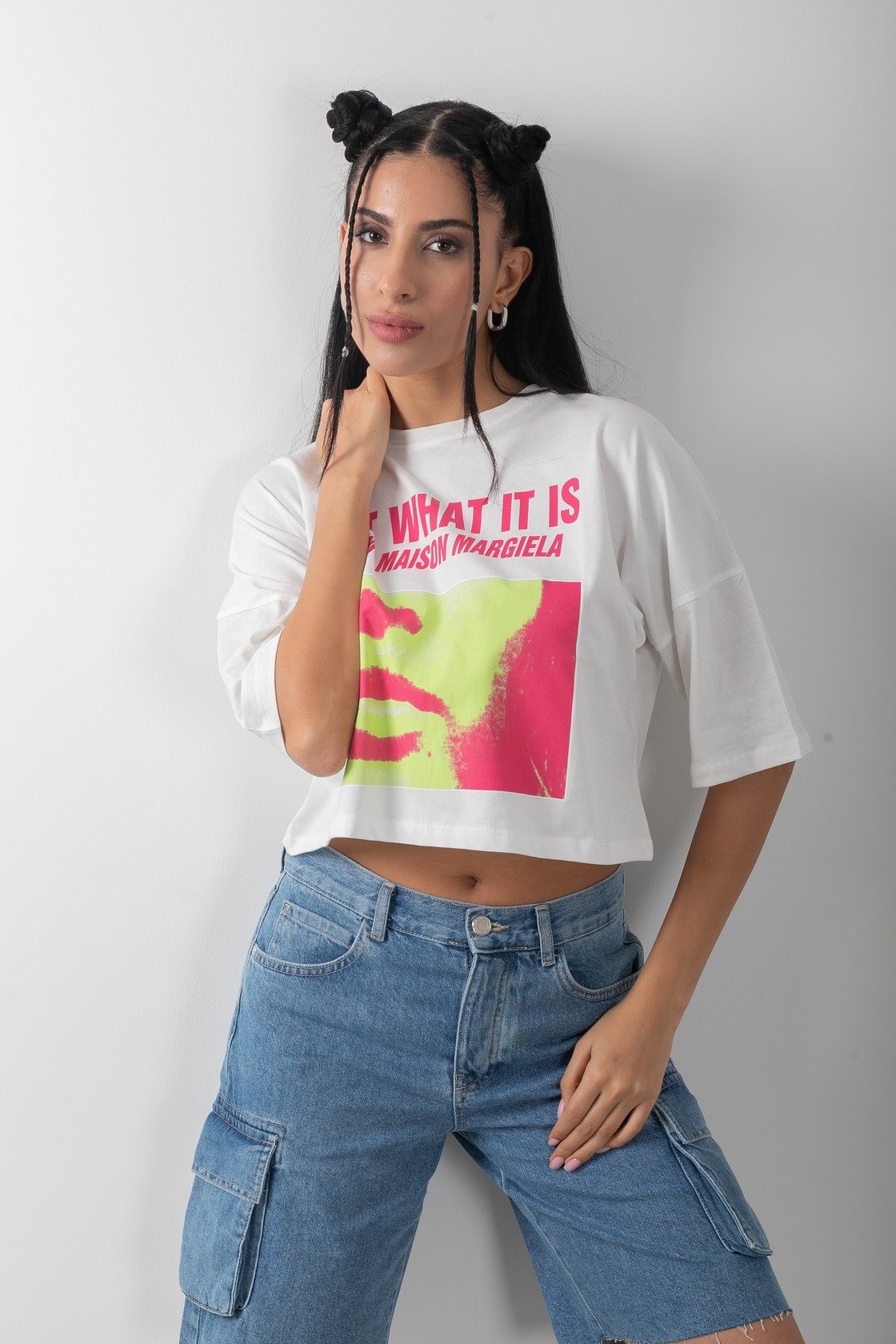 Baskılı Oversize Crop Kısa Kol Tişört