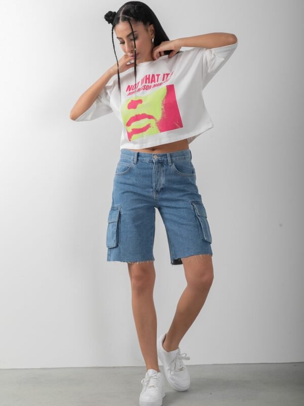 Baskılı Beyaz Oversize Crop Kadın Kısa Kol Tişört