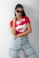 Baskılı Kısa Kol Crop Body