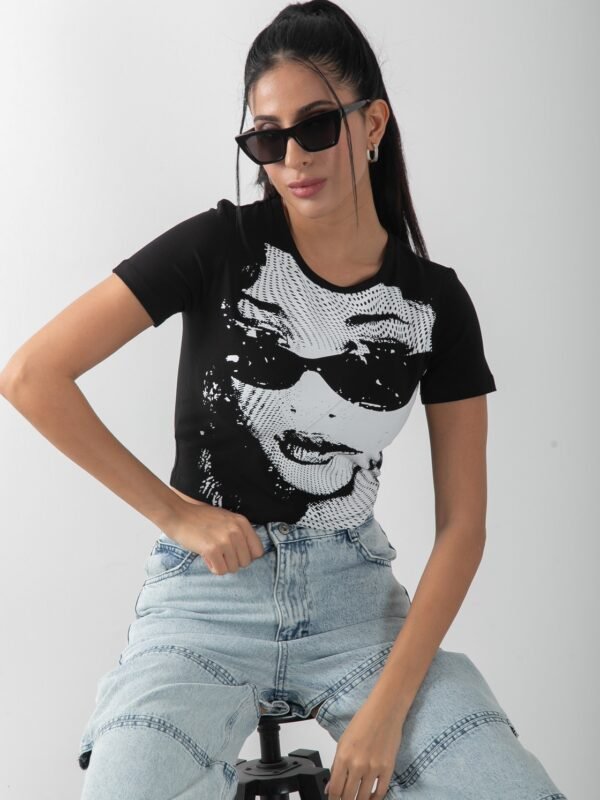 Baskılı Siyah Crop Kısa Kol Body