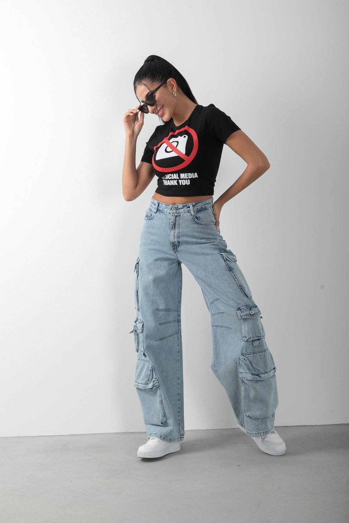 No Social Media Baskılı Crop Kısa Kol Body