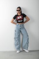 No Social Media Baskılı Crop Kısa Kol Body