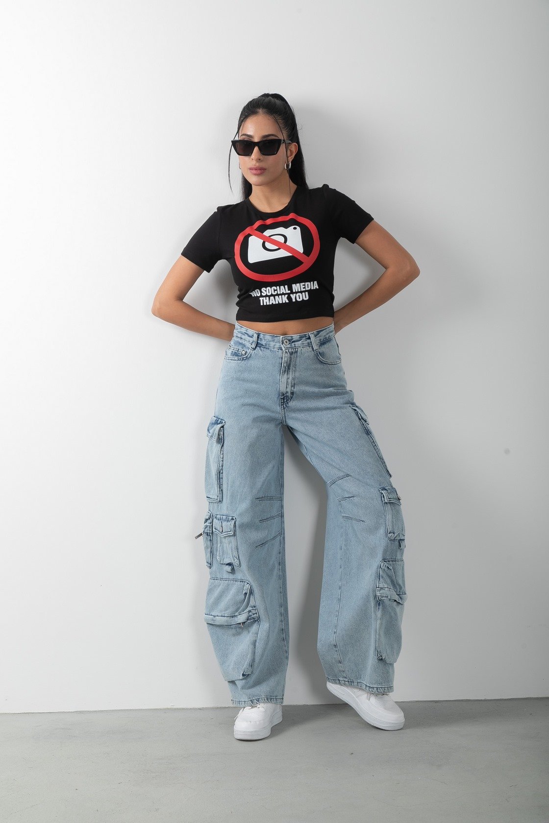 No Social Media Baskılı Crop Kısa Kol Body