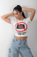 No Social Media Baskılı Crop Kısa Kol Body