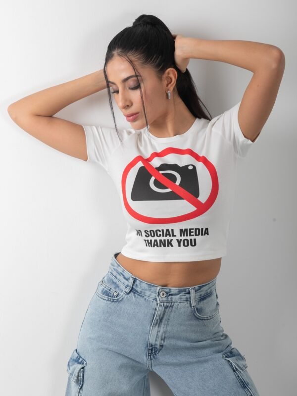No Social Media Baskılı Crop Kısa Kol Body
