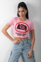 No Social Media Baskılı Crop Kısa Kol Body