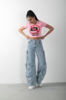 No Social Media Baskılı Crop Kısa Kol Body