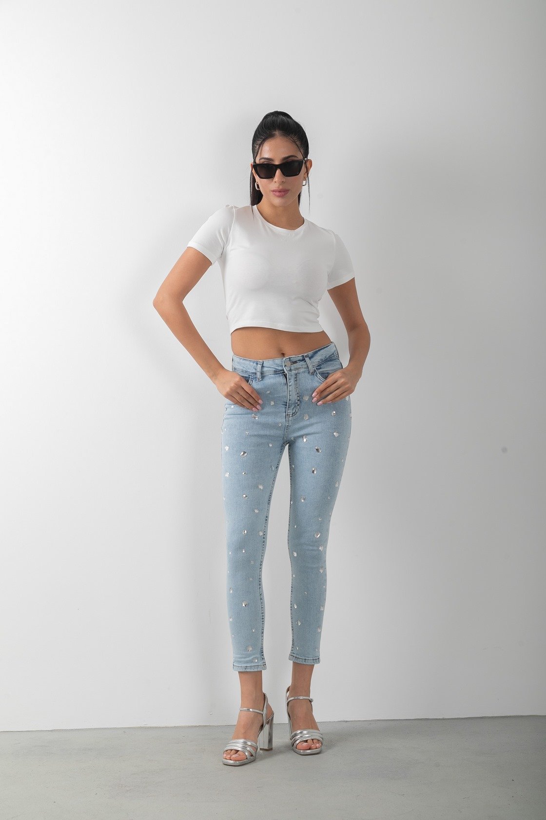 Beyaz Taş Detaylı Skinny Denim Mavi Kot Pantolon