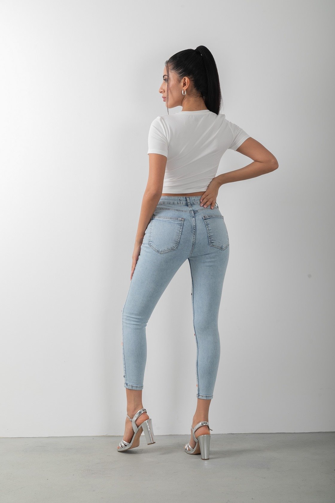 Renkli Taş Detaylı Skinny Denim Mavi Kot Pantolon