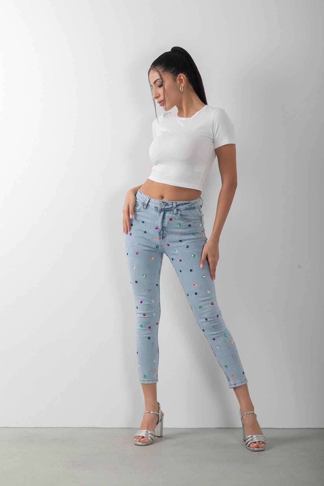 Renkli Taş Detaylı Skinny Denim Mavi Kot Pantolon