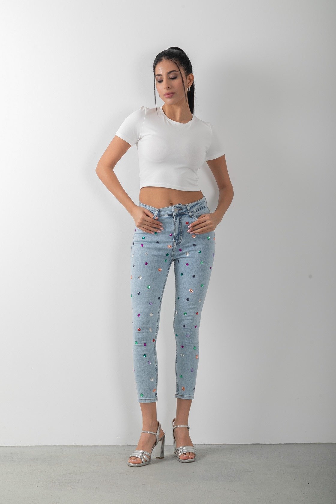 Renkli Taş Detaylı Skinny Denim Mavi Kot Pantolon