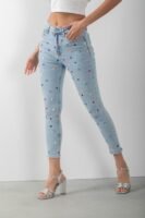 Renkli Taş Detaylı Skinny Denim Mavi Kot Pantolon