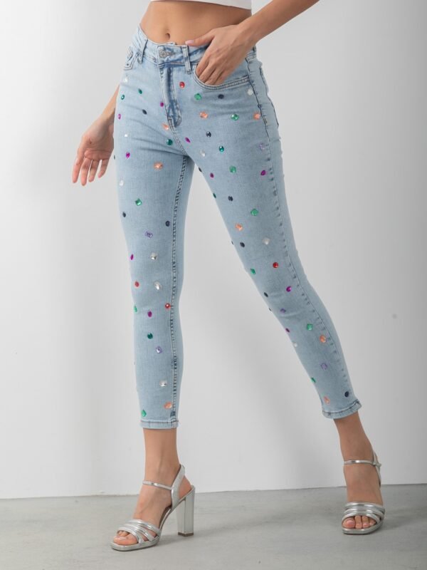 Renkli Taş Detaylı Skinny Denim Mavi Kot Pantolon