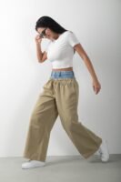 Kot Detaylı Çift Renk Bol Paça Tasarım Bej Pantolon