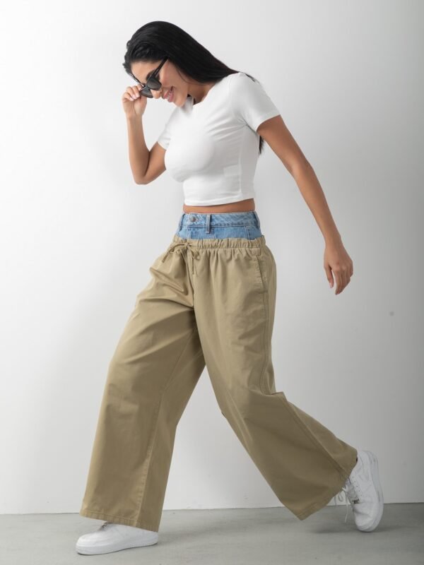 Kot Detaylı Çift Renk Bol Paça Tasarım Bej Pantolon